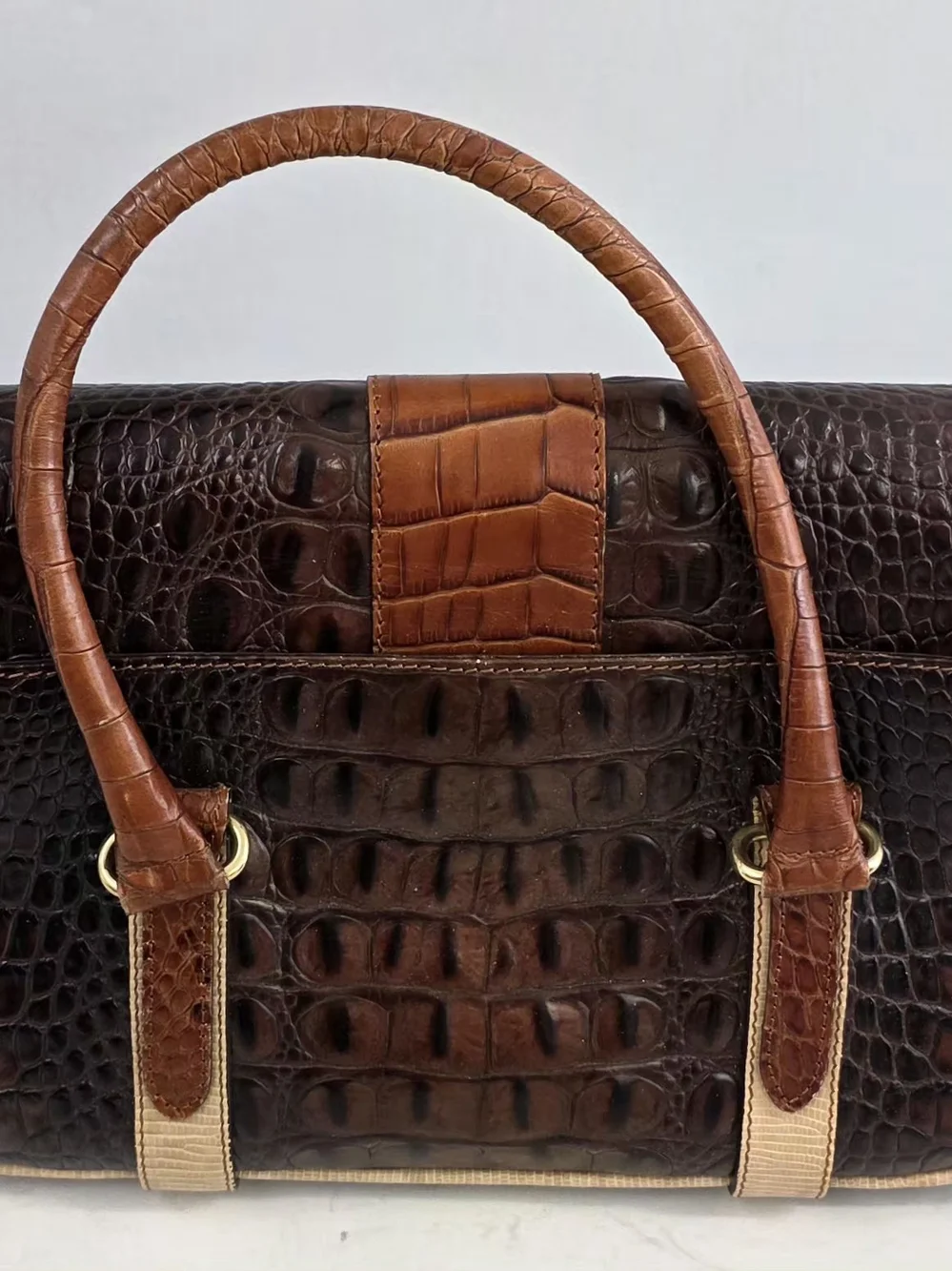 Brahmin Croc-Embossed Leather Satchel in Dark Brown and Tan